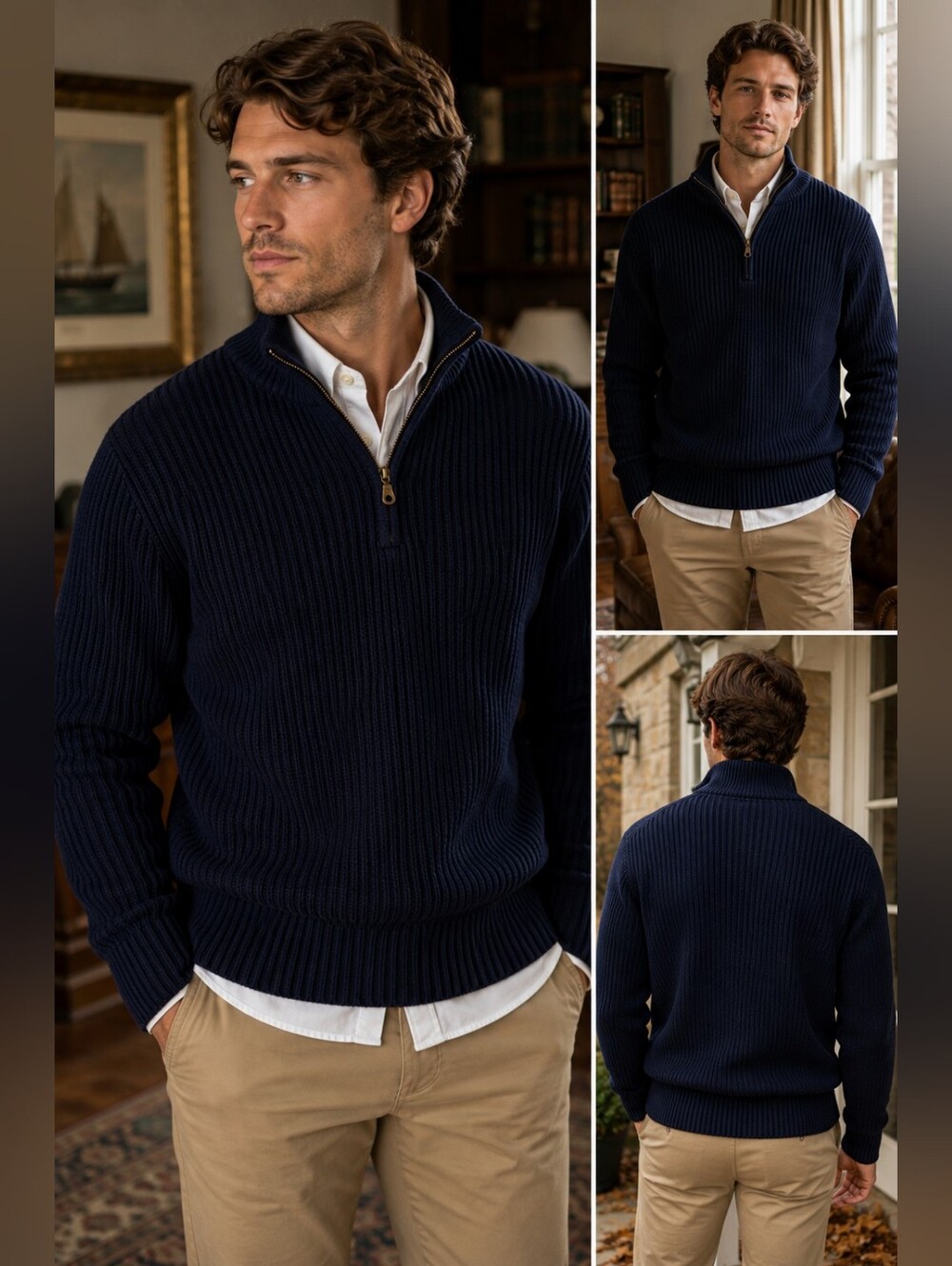 Penmans Men’s Navy Ribbed Cotton Quarter Zip Sweater Size M